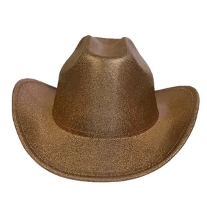 Close-up of metallic bronze cowboy hat featuring glitter texture and curved brim detail
