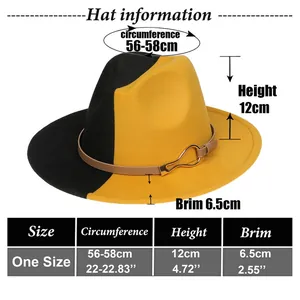 Guide des tailles pour chapeau fedora en laine indiquant circonférence, hauteur et bords