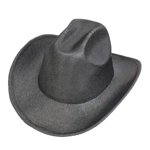 Detailed view of black cowboy hat with metallic wave texture and upturned sequined brim