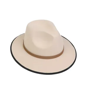 Dettaglio cappello fedora in lana avena con fascia in pelle e bordo intrecciato