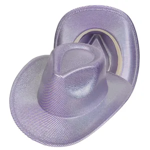 Metallic purple holographic cowboy hat with silver trim and wide brim for parties