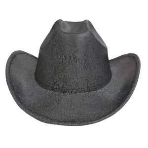 Detailed view of black glittery cowboy hat with sparkly texture and curved brim detail