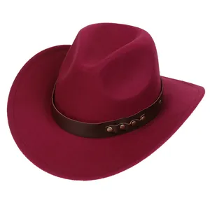Classic burgundy wool felt cowboy hat with leather rivet band on white background