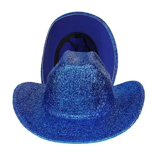 Chapeau de cowboy bleu brillant à paillettes pour fêtes avec finition scintillante et bord