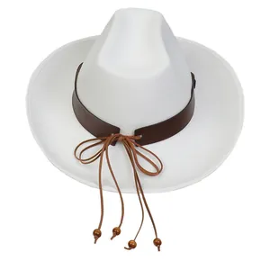 White felt cowboy hat featuring a brown decorative band with wooden beads and a bow detail