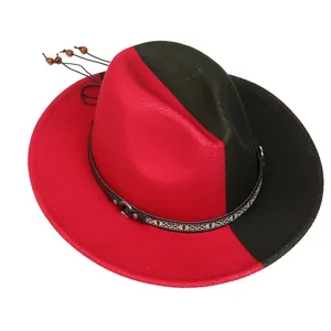 Détail du chapeau fedora bicolore avec ruban ethnique tissé et perles en bois chic