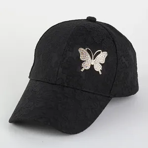Women Elegant Lace Floral Baseball Cap Sparkling Rhinestone Butterfly Sunshade Duckbill Hat For Daily Outdoor Fashion Accessory