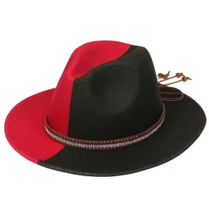 Detail of two-tone red and black fedora with studded band and bohemian beaded cord decor