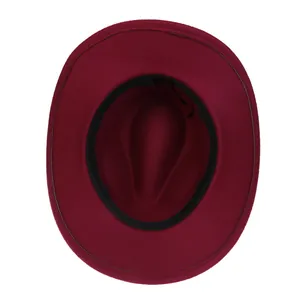 Inside view of a wine red wool felt fedora featuring a black inner sweatband detail