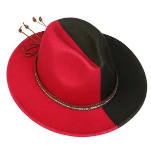 Detail of red and black felt fedora featuring rhinestone leather band and wood beads