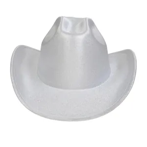 Close-up of the shiny silver western cowboy hat with a curled brim and metallic finish