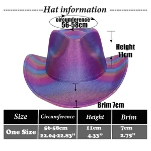 Size chart for colorful rainbow cowboy hat with 56-58cm circumference and 11cm height