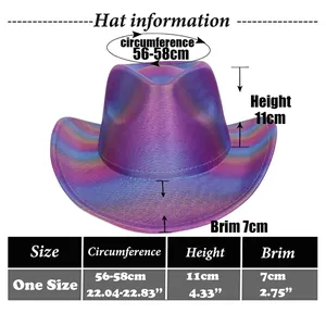 Size chart for colorful rainbow cowboy hat with 56-58cm circumference and 11cm height