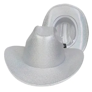 Silver metallic western cowboy hat with wide brim for Halloween party and events