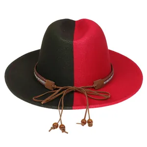 Detail of two-tone wool fedora featuring a rhinestone belt and tassel wooden beads