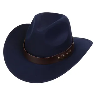 Close-up of deep blue denim felt hat with brown leather band and bronze rivets