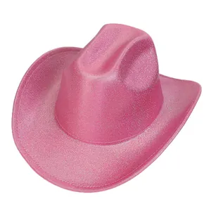 Macro shot of pink glitter cowboy hat showing shiny silver texture and upturned brim