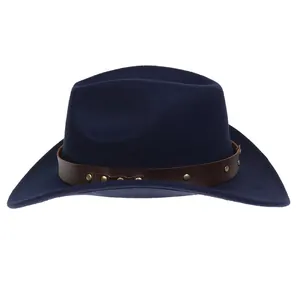 Macro detail of navy wool felt fedora featuring a brown leather band and gold metal studs