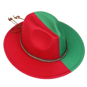 Detail of red and green fedora hat featuring a studded band and wooden bead drawstring