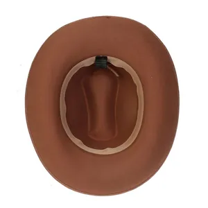Detail of western fedora hat interior showing 65% cotton fabric label and sweatband
