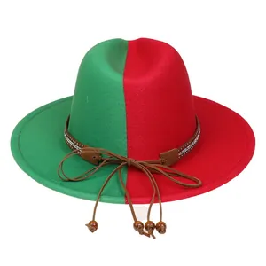 Detail of red and green felt fedora featuring rhinestone leather band and wooden beads