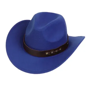 Detailed view of navy blue cowboy hat with brown leather band and bronze studs