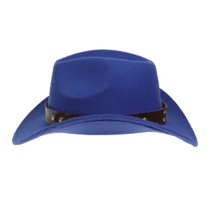 Detail of blue felt cowboy hat with brown leather band and golden metal rivets