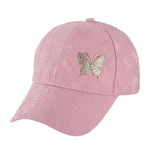 Pink lace baseball cap with sparkling butterfly crystal badge for women fashion