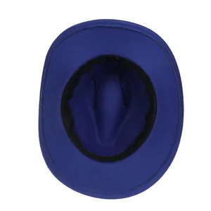 Internal detail of a royal blue denim cowboy hat with adjustable sweatband