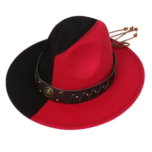 Detail of felt fedora with two-tone black and red design and studded leather band