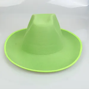 Close-up of vibrant neon green fedora hat showing textured felt fabric and stitched brim