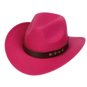 Detail of fuchsia felt cowboy hat with leather band and gold stud embellishments