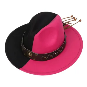 Detail of two-tone fedora hat with studded leather band and decorative wooden beads