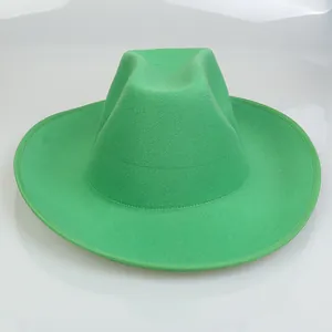 Detailed view of the bright green wool felt cowboy hat with wide brim and classic crown