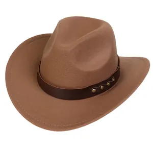 Detail of camel wool fedora hat featuring brown leather band with brass metal studs