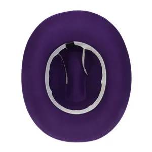 Detail view of purple wide brim fedora interior with white sweatband and adjustable drawstring