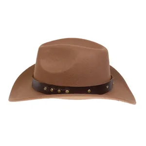 Detail of brown cowboy hat with leather band and golden metal studs on white background