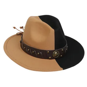Detail of two-tone khaki and black felt fedora with studded leather band and bead charm