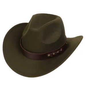 Macro shot of dark olive green wool cowboy hat with brown leather band and gold studs