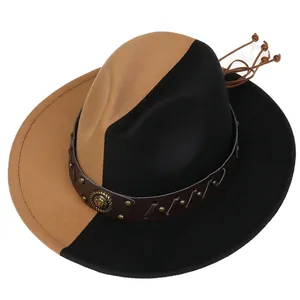 Detail view of two-tone wool felt fedora featuring leather band and metallic rivet accents