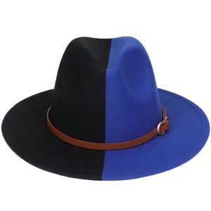 Détail d'un chapeau fedora bicolore noir et bleu en laine avec boucle de ceinture en cuir