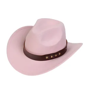 Detailed view of a pink cowboy hat featuring a brown leather band with gold rivets