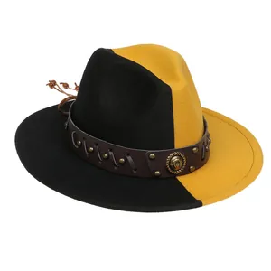 Detail view of two-tone fedora hat with leather band, studs and metal badge