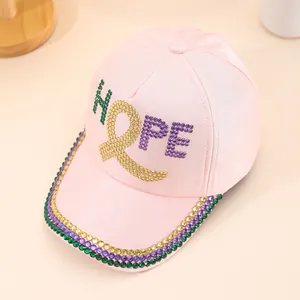 Casquette de baseball rose avec lettres HOPE en strass colorés et visière brillante