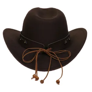 Close-up of brown wool cowboy hat with leather band, gold studs and wooden beads