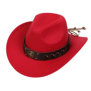 Detailed view of red cowboy hat with leather rivet band and decorative wooden beads