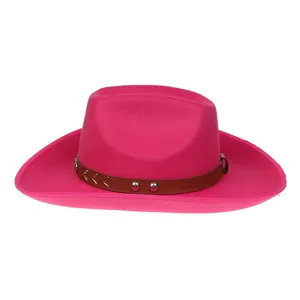Detail of rose pink felt cowboy hat featuring brown leather band and silver studs