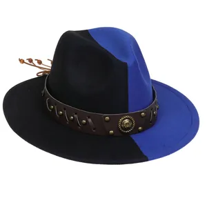 Detail of two-tone wool fedora featuring leather band with metallic studs and badge