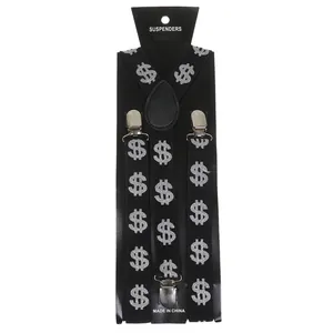 Detail of black Y-back suspenders with silver dollar signs and metal clips on a card