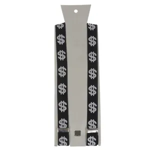 Detail of black suspenders with silver dollar sign prints and metal buckle on card
